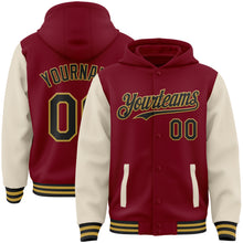 Загрузить изображение в средство просмотра галереи, Custom Crimson Black Cream-Old Gold Bomber Full-Snap Varsity Letterman Two Tone Hoodie Jacket