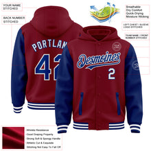 Загрузить изображение в средство просмотра галереи, Custom Crimson Royal-White Bomber Full-Snap Varsity Letterman Two Tone Hoodie Jacket