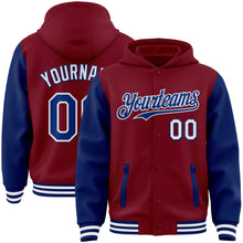 Загрузить изображение в средство просмотра галереи, Custom Crimson Royal-White Bomber Full-Snap Varsity Letterman Two Tone Hoodie Jacket