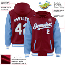 Загрузить изображение в средство просмотра галереи, Custom Crimson White-Light Blue Bomber Full-Snap Varsity Letterman Two Tone Hoodie Jacket