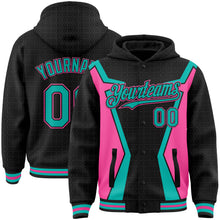 Laden Sie das Bild in den Galerie-Viewer, Custom Black Aqua-Pink Arrow 3D Pattern Design Bomber Full-Snap Varsity Letterman Hoodie Jacket