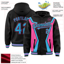 Laden Sie das Bild in den Galerie-Viewer, Custom Black Sky Blue-Pink Arrow 3D Pattern Design Bomber Full-Snap Varsity Letterman Hoodie Jacket