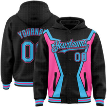 Laden Sie das Bild in den Galerie-Viewer, Custom Black Sky Blue-Pink Arrow 3D Pattern Design Bomber Full-Snap Varsity Letterman Hoodie Jacket