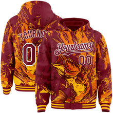 Laden Sie das Bild in den Galerie-Viewer, Custom Crimson Gold-White Largemouth Bass Fish Fishing 3D Bomber Full-Snap Varsity Letterman Hoodie Jacket