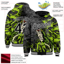 Загрузить изображение в средство просмотра галереи, Custom Black Neon Green-White Snakehead Fish Fishing 3D Bomber Full-Snap Varsity Letterman Hoodie Jacket