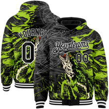 Загрузить изображение в средство просмотра галереи, Custom Black Neon Green-White Snakehead Fish Fishing 3D Bomber Full-Snap Varsity Letterman Hoodie Jacket