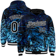 Laden Sie das Bild in den Galerie-Viewer, Custom Navy Black-Light Blue Tuna Fish Fishing 3D Bomber Full-Snap Varsity Letterman Hoodie Jacket
