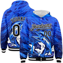 Загрузить изображение в средство просмотра галереи, Custom Royal Black-White Marlin Fish Fishing 3D Bomber Full-Snap Varsity Letterman Hoodie Jacket
