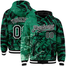 Laden Sie das Bild in den Galerie-Viewer, Custom Kelly Green Black-White Barracuda Fish Fishing 3D Bomber Full-Snap Varsity Letterman Hoodie Jacket