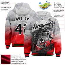 Загрузить изображение в средство просмотра галереи, Custom Gray Black-Red Largemouth Bass Fish Fishing 3D Bomber Full-Snap Varsity Letterman Hoodie Jacket
