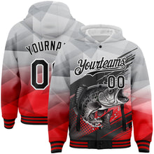 Загрузить изображение в средство просмотра галереи, Custom Gray Black-Red Largemouth Bass Fish Fishing 3D Bomber Full-Snap Varsity Letterman Hoodie Jacket