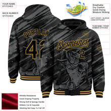 Laden Sie das Bild in den Galerie-Viewer, Custom Black Old Gold Largemouth Bass Fish Fishing 3D Bomber Full-Snap Varsity Letterman Hoodie Jacket