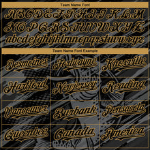 Laden Sie das Bild in den Galerie-Viewer, Custom Black Old Gold Largemouth Bass Fish Fishing 3D Bomber Full-Snap Varsity Letterman Hoodie Jacket