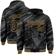 Laden Sie das Bild in den Galerie-Viewer, Custom Black Old Gold Largemouth Bass Fish Fishing 3D Bomber Full-Snap Varsity Letterman Hoodie Jacket