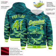 Загрузить изображение в средство просмотра галереи, Custom Teal Neon Green-White Mahimah Fish Fishing 3D Bomber Full-Snap Varsity Letterman Hoodie Jacket