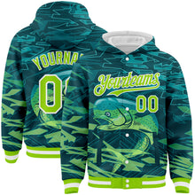 Загрузить изображение в средство просмотра галереи, Custom Teal Neon Green-White Mahimah Fish Fishing 3D Bomber Full-Snap Varsity Letterman Hoodie Jacket