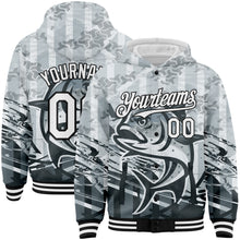 Загрузить изображение в средство просмотра галереи, Custom Gray White-Black Giant Trevally Fish Fishing 3D Bomber Full-Snap Varsity Letterman Hoodie Jacket