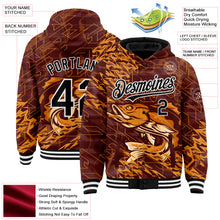 Загрузить изображение в средство просмотра галереи, Custom Brown Black-White Largemouth Bass Fish Fishing 3D Bomber Full-Snap Varsity Letterman Hoodie Jacket