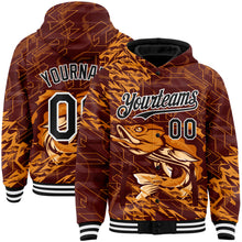 Загрузить изображение в средство просмотра галереи, Custom Brown Black-White Largemouth Bass Fish Fishing 3D Bomber Full-Snap Varsity Letterman Hoodie Jacket