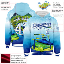 Laden Sie das Bild in den Galerie-Viewer, Custom Lakes Blue White-Royal Mahimah Fish Fishing 3D Bomber Full-Snap Varsity Letterman Hoodie Jacket