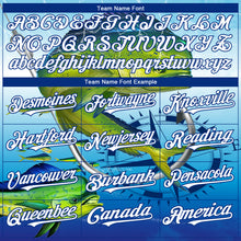 Laden Sie das Bild in den Galerie-Viewer, Custom Lakes Blue White-Royal Mahimah Fish Fishing 3D Bomber Full-Snap Varsity Letterman Hoodie Jacket