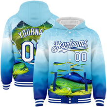 Laden Sie das Bild in den Galerie-Viewer, Custom Lakes Blue White-Royal Mahimah Fish Fishing 3D Bomber Full-Snap Varsity Letterman Hoodie Jacket