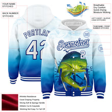 Загрузить изображение в средство просмотра галереи, Custom Lakes Blue White-Royal Mahimah Fish Fishing 3D Bomber Full-Snap Varsity Letterman Hoodie Jacket