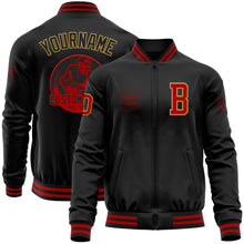 Laden Sie das Bild in den Galerie-Viewer, Custom Black Red-Old Gold Bomber Varsity Letterman Zipper Jacket
