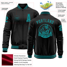 Laden Sie das Bild in den Galerie-Viewer, Custom Black Teal Bomber Varsity Letterman Zipper Jacket