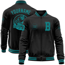 Laden Sie das Bild in den Galerie-Viewer, Custom Black Teal Bomber Varsity Letterman Zipper Jacket
