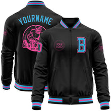 Laden Sie das Bild in den Galerie-Viewer, Custom Black Sky Blue-Pink Bomber Varsity Letterman Zipper Jacket