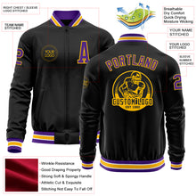 Laden Sie das Bild in den Galerie-Viewer, Custom Black Purple-Gold Bomber Varsity Letterman Zipper Jacket