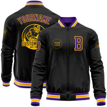 Laden Sie das Bild in den Galerie-Viewer, Custom Black Purple-Gold Bomber Varsity Letterman Zipper Jacket