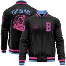 Laden Sie das Bild in den Galerie-Viewer, Custom Black Pink-Light Blue Bomber Varsity Letterman Zipper Jacket