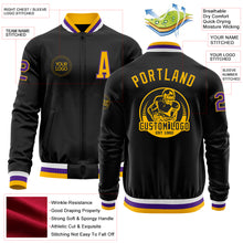 Загрузить изображение в средство просмотра галереи, Custom Black Gold-Purple Bomber Varsity Letterman Zipper Jacket
