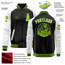 Загрузить изображение в средство просмотра галереи, Custom Black Neon Green-White Bomber Varsity Letterman Two Tone Zipper Jacket