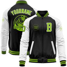Загрузить изображение в средство просмотра галереи, Custom Black Neon Green-White Bomber Varsity Letterman Two Tone Zipper Jacket