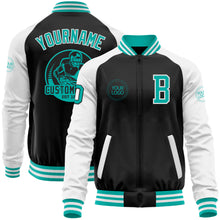 Charger l'image dans la galerie, Custom Black Aqua-White Bomber Varsity Letterman Two Tone Zipper Jacket