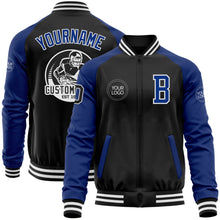 Загрузить изображение в средство просмотра галереи, Custom Black Royal-White Bomber Varsity Letterman Two Tone Zipper Jacket