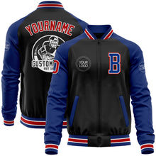 Загрузить изображение в средство просмотра галереи, Custom Black Red-Royal Bomber Varsity Letterman Two Tone Zipper Jacket