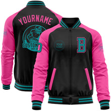 Загрузить изображение в средство просмотра галереи, Custom Black Teal-Pink Bomber Varsity Letterman Two Tone Zipper Jacket