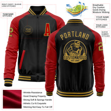 Laden Sie das Bild in den Galerie-Viewer, Custom Black Old Gold-Red Bomber Varsity Letterman Two Tone Zipper Jacket