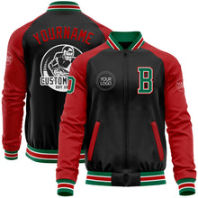 Laden Sie das Bild in den Galerie-Viewer, Custom Black Kelly Green-Red Bomber Varsity Letterman Two Tone Zipper Jacket