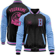 Загрузить изображение в средство просмотра галереи, Custom Black Pink-Light Blue Bomber Varsity Letterman Two Tone Zipper Jacket