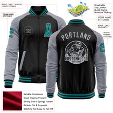 Charger l'image dans la galerie, Custom Black Teal-Gray Bomber Varsity Letterman Two Tone Zipper Jacket