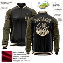 Laden Sie das Bild in den Galerie-Viewer, Custom Black Olive-Cream Bomber Varsity Letterman Two Tone Zipper Jacket