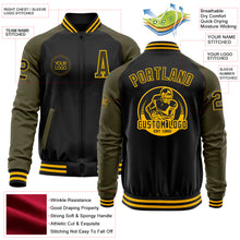 Загрузить изображение в средство просмотра галереи, Custom Black Olive-Gold Bomber Varsity Letterman Two Tone Zipper Jacket