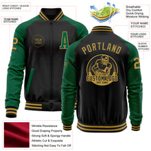 Charger l'image dans la galerie, Custom Black Old Gold-Kelly Green Bomber Varsity Letterman Two Tone Zipper Jacket