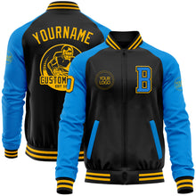 Загрузить изображение в средство просмотра галереи, Custom Black Gold-Powder Blue Bomber Varsity Letterman Two Tone Zipper Jacket