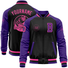 Загрузить изображение в средство просмотра галереи, Custom Black Pink-Purple Bomber Varsity Letterman Two Tone Zipper Jacket